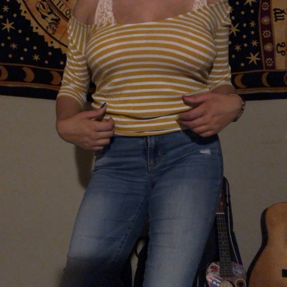 yellow/white off the shoulder top